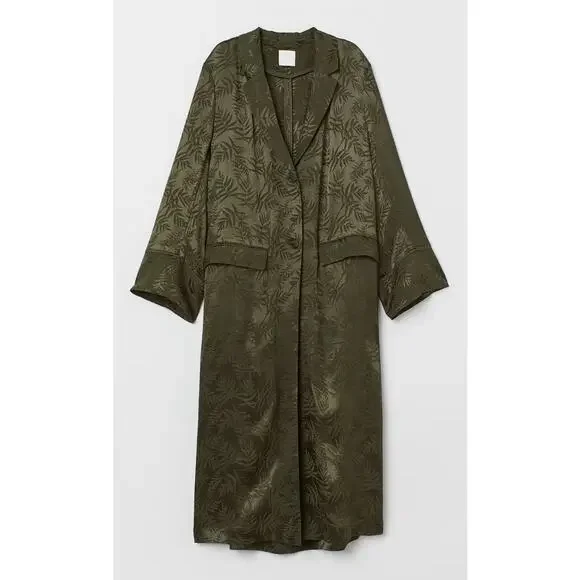 H&M Trend Khaki Green Silky Palm Leaf Print Kimono Long Jacket Sz M - Picture 1 of 10